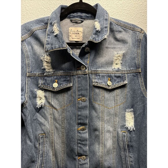 Love Tree Women’s Denim Jacket 2X Distressed Medium Blue Wash - Picture 2 of 11